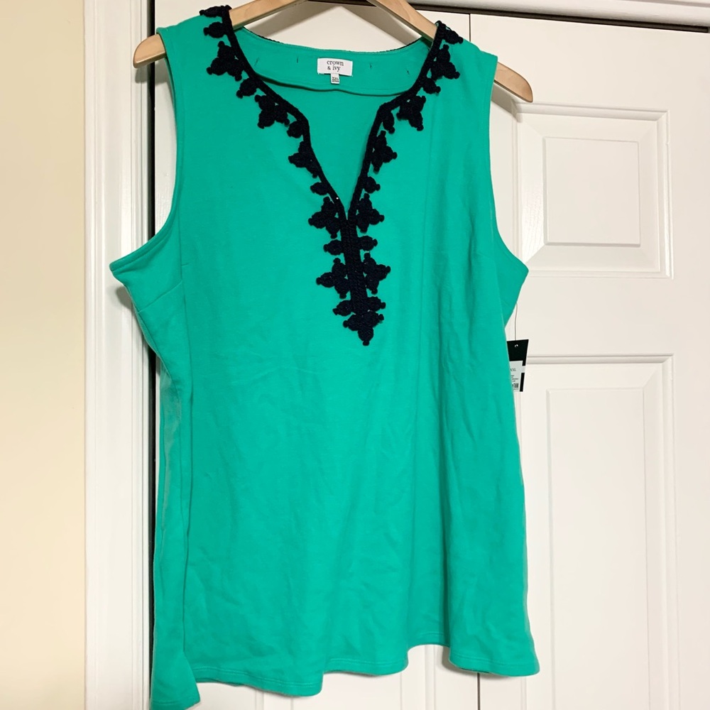 Crown & Ivy Embroidered V Neck Tunic Top Blouse 100% Cotton Stretchy XXL NEW